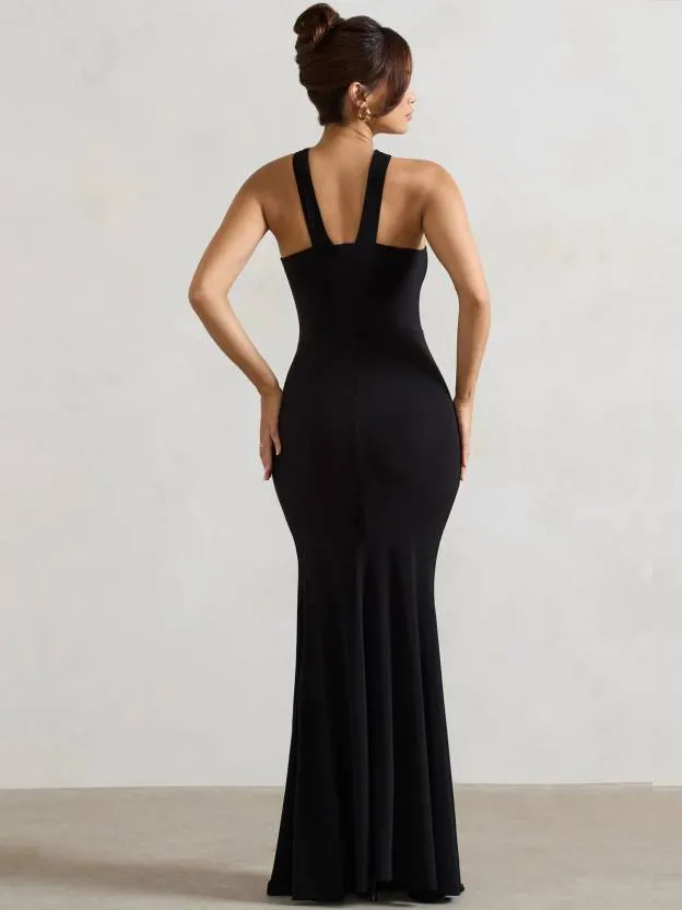 Noir Cross Shoulder Neck Bodycon Slit Dress