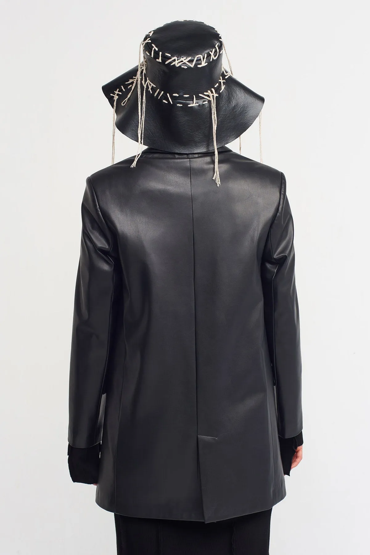 Nu Faux Leather Double Breasted Blazer Black