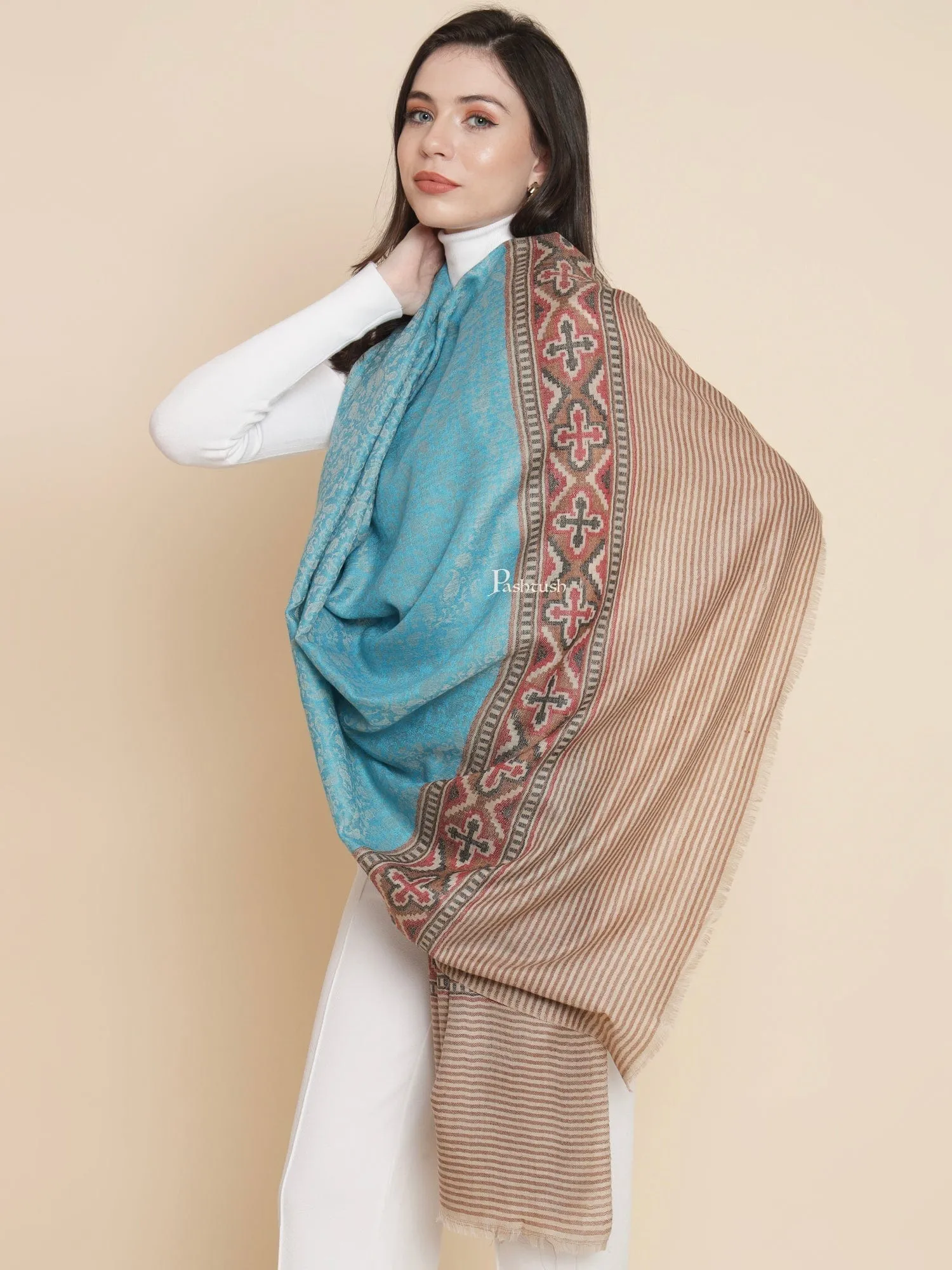 Pashtush Womens, Extra Fine Wool, Aztec Palla Woven, Aqua Blue