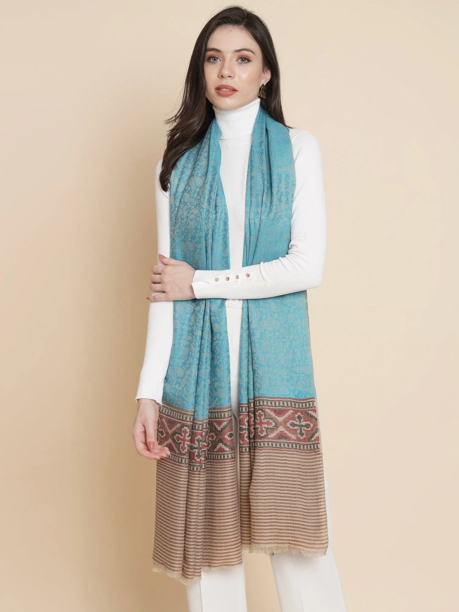 Pashtush Womens, Extra Fine Wool, Aztec Palla Woven, Aqua Blue