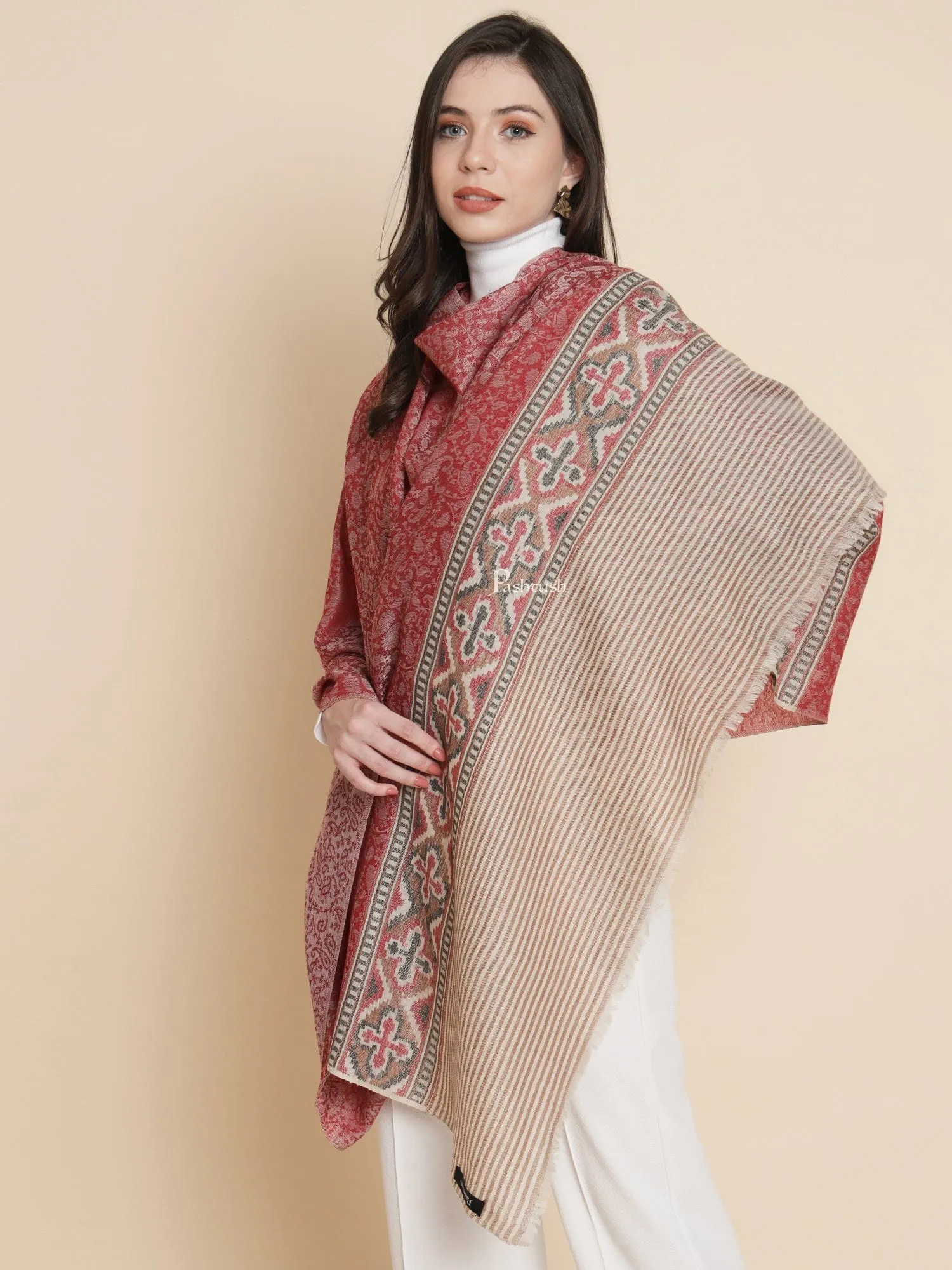 Pashtush Womens, Extra Fine Wool, Aztec Palla Woven, ROSE