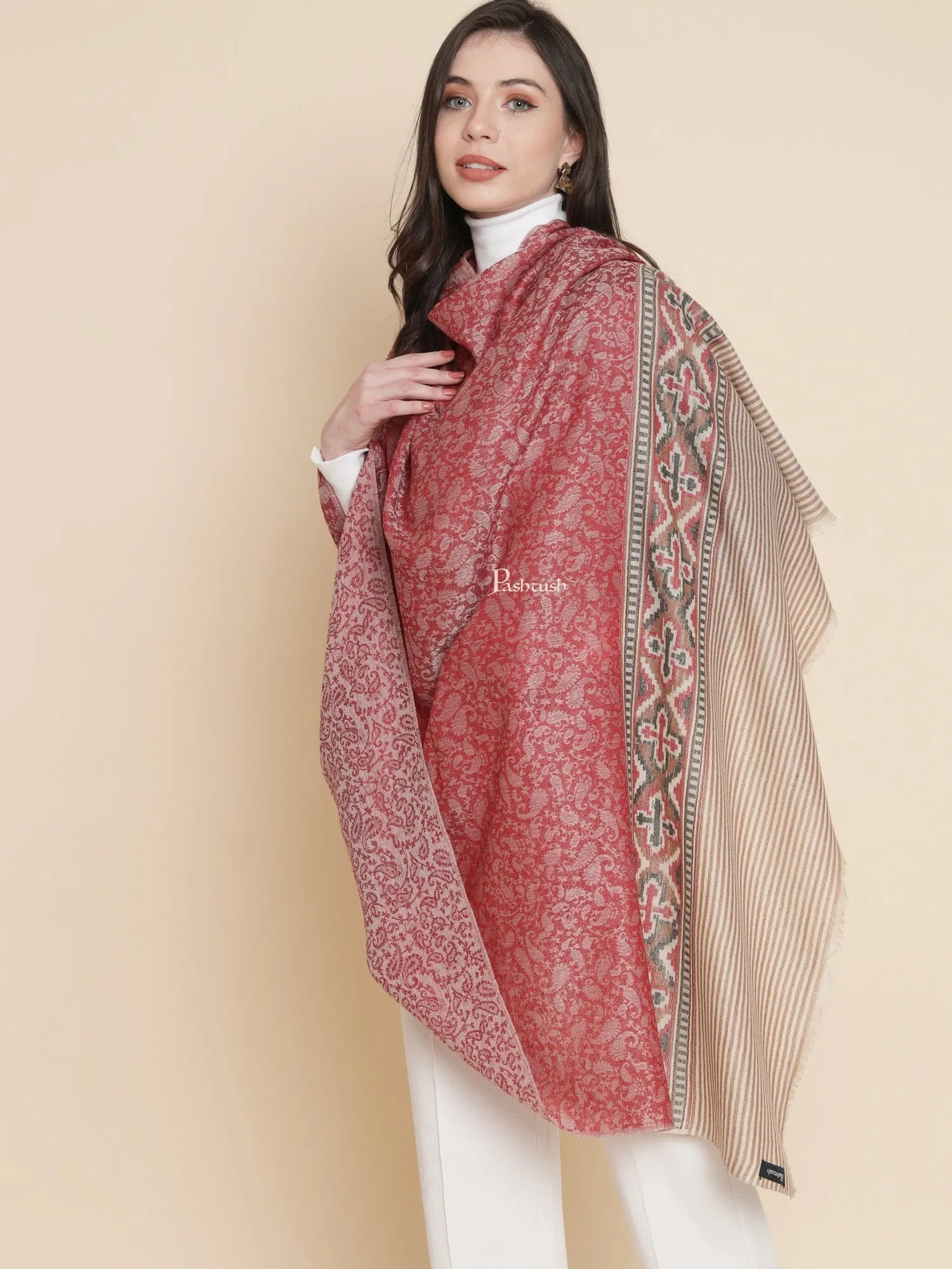 Pashtush Womens, Extra Fine Wool, Aztec Palla Woven, ROSE