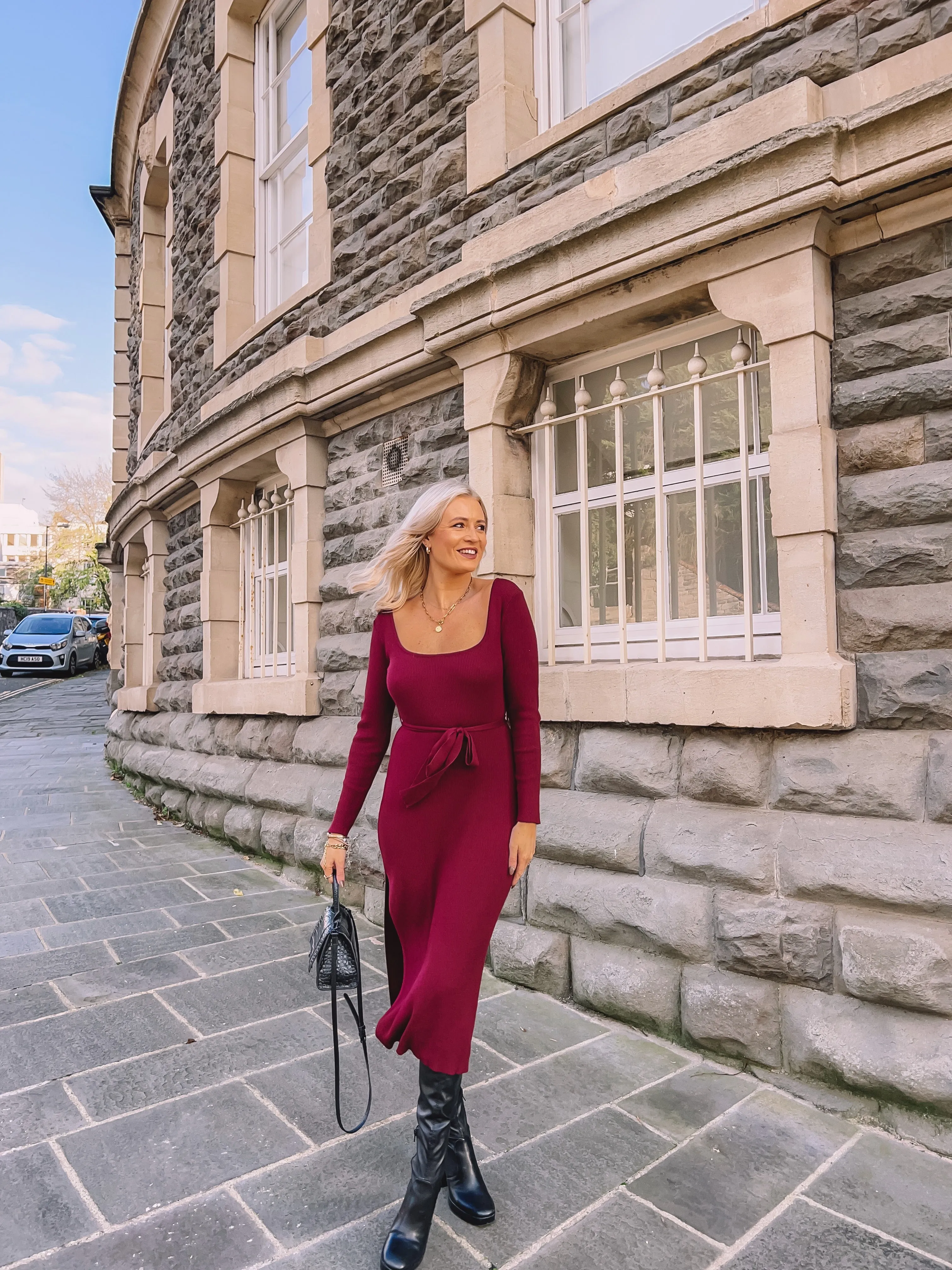 Premium burgundy tie waist knit midi dress