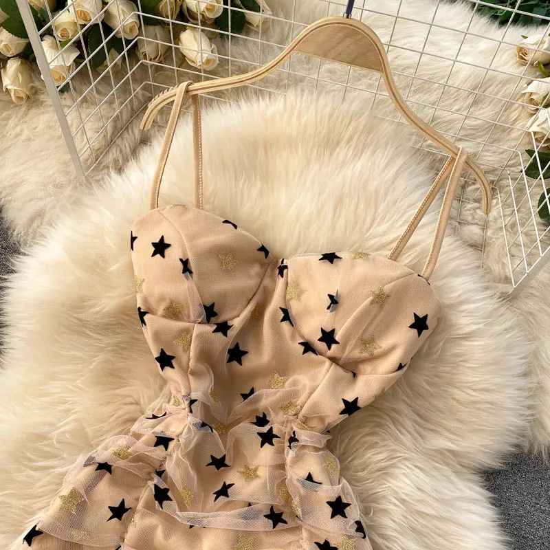 Sexy Star-embellished Mesh Ruffled Dress