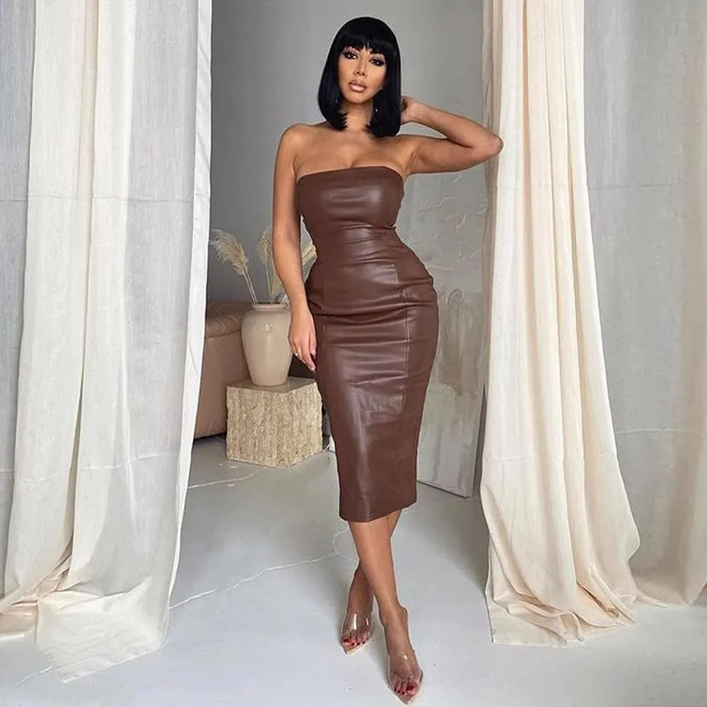 Sleek Faux Leather Off-Shoulder Bodycon Midi Dress for Night Out