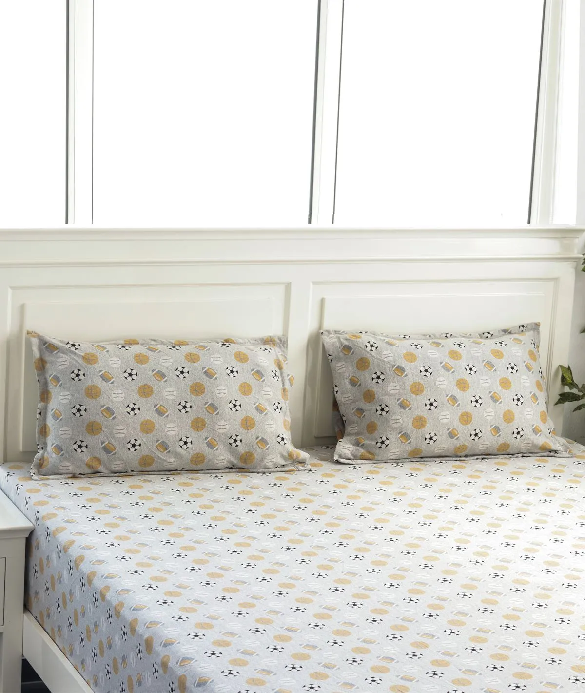 Sports Lover - Soft Grey Cotton Knitted King Size Double Bed Fitted Sheet with 2 Pillow Covers Set