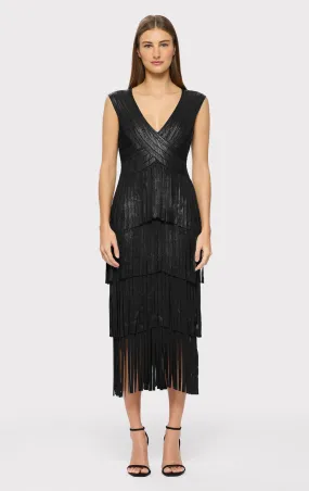 V NECK FOIL FRINGE MIDI DRESS