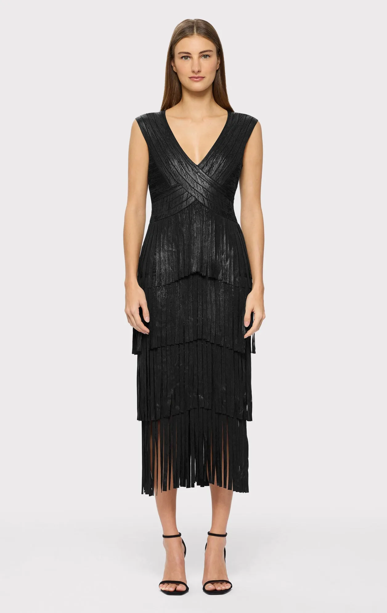 V NECK FOIL FRINGE MIDI DRESS