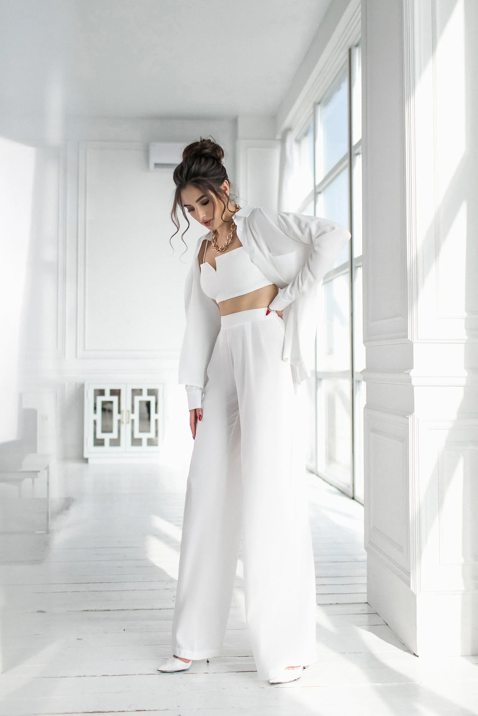 White Shirt & High Waist Pants 2-Piece Set