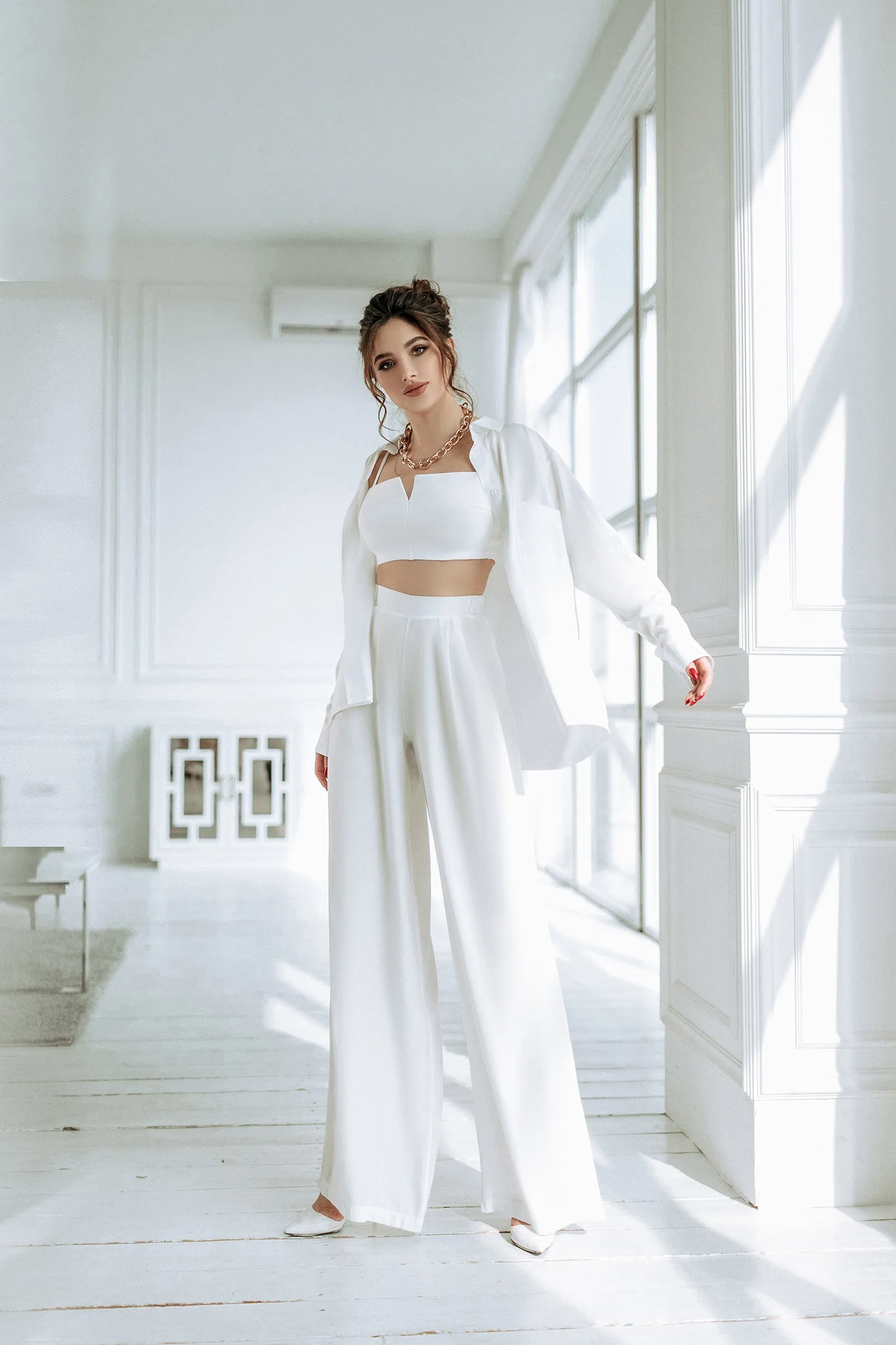 White Shirt & High Waist Pants 2-Piece Set